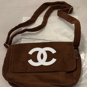 NWT Chanel Brown Suede Crossbody Bag with White CC Logo gift with purchase